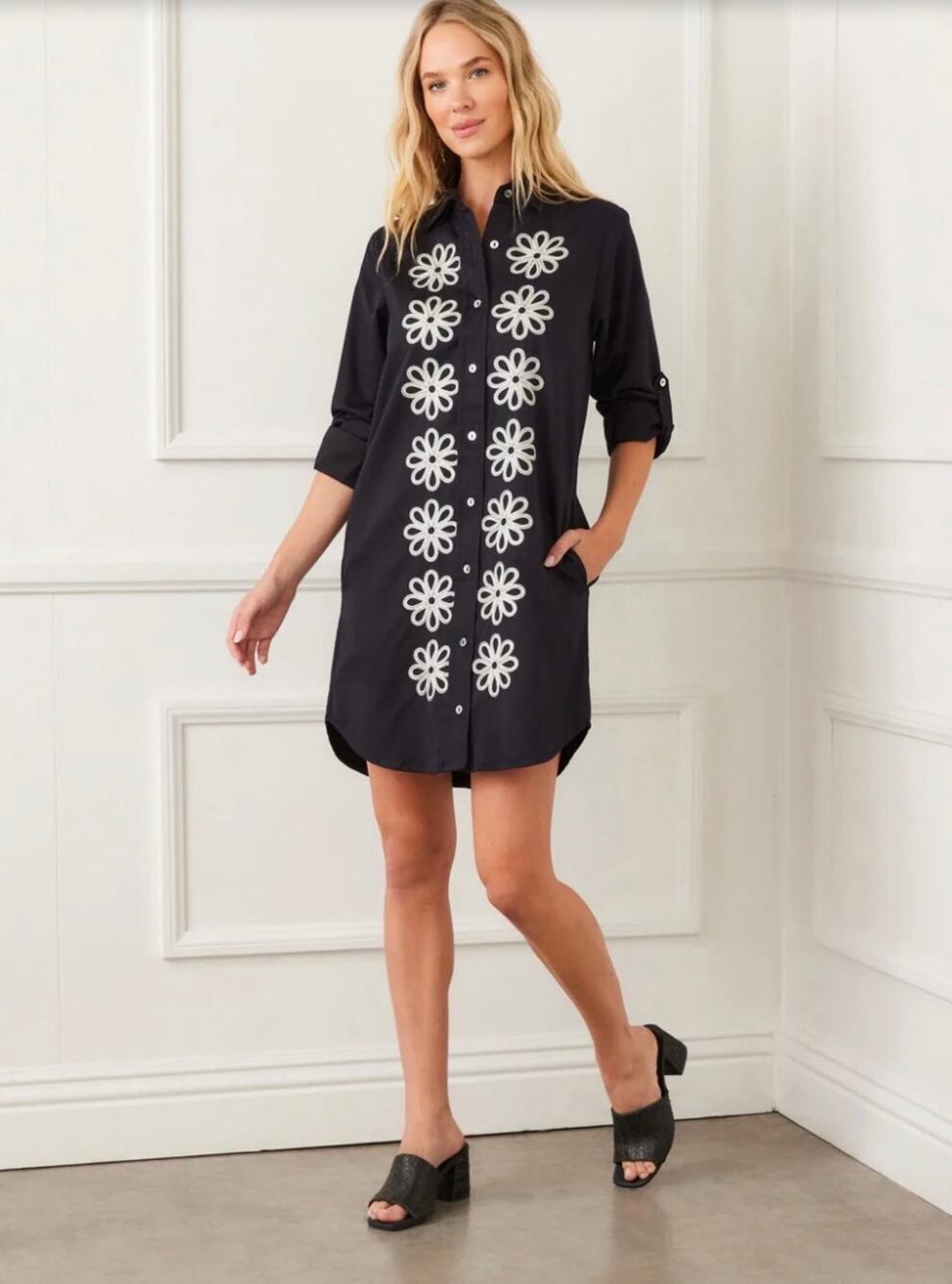 Karen Kane NWT XLP Petite In The Garden Embroidered Roll Tab Shirt Dress Black